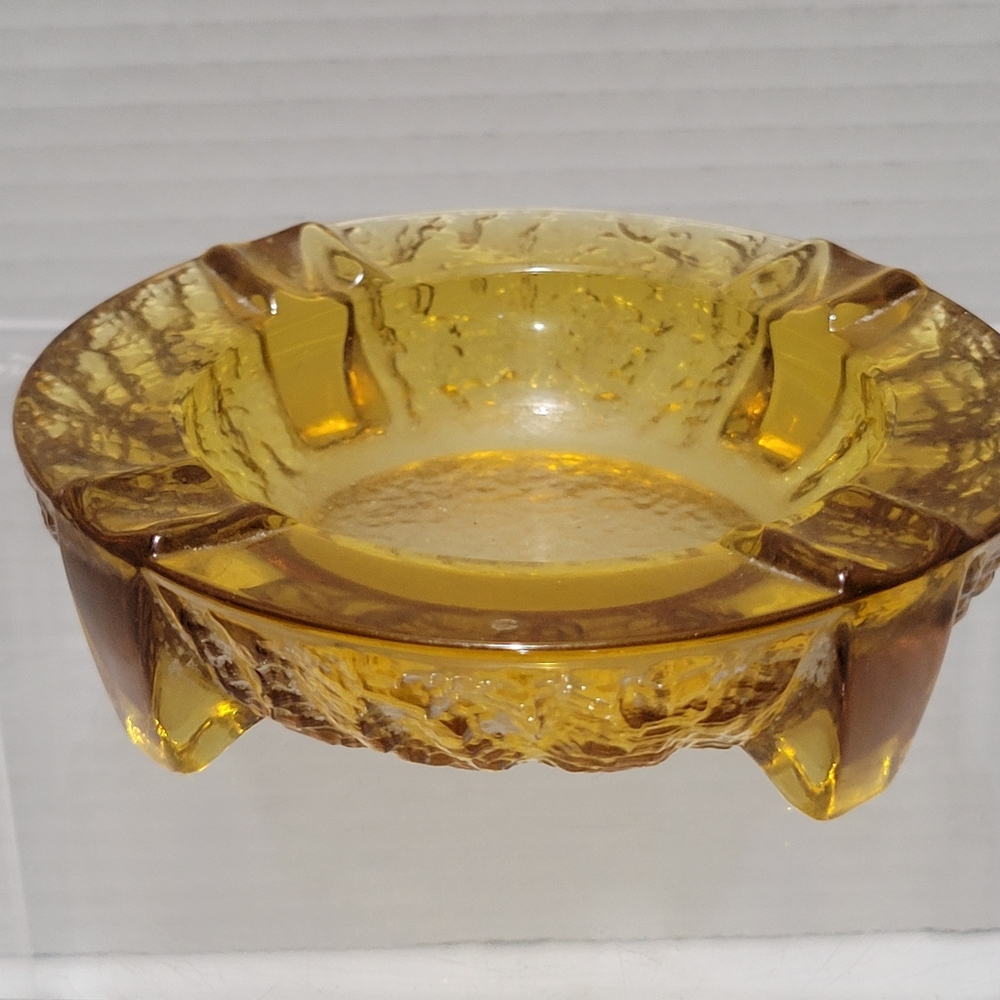 MCM heavy amber color glass footed ashtray  cigar cigarettes chunky thick